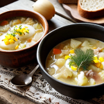 A cozy, warm scene inside a Latvian home during winter. On a wooden table, a bowl of Skābeņu zupa (cabbage soup) is presented, garnished with a dollop of sour cream and fresh dill. A slice of Rupjmaize (rye bread) sits beside the bowl. Soft, natural light illuminates the scene, emphasizing the comforting and hearty nature of the Latvian soup. Focus on textures: the rough bread, the creamy soup, and the rustic wood.