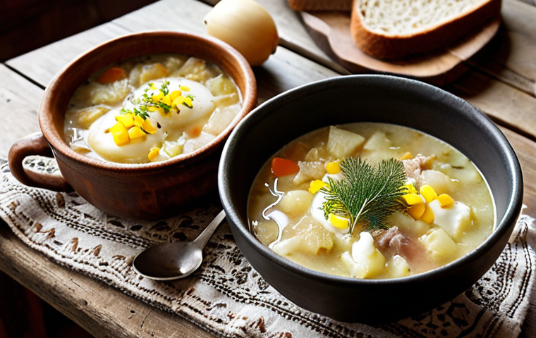 A cozy, warm scene inside a Latvian home during winter. On a wooden table, a bowl of Skābeņu zupa (cabbage soup) is presented, garnished with a dollop of sour cream and fresh dill. A slice of Rupjmaize (rye bread) sits beside the bowl. Soft, natural light illuminates the scene, emphasizing the comforting and hearty nature of the Latvian soup. Focus on textures: the rough bread, the creamy soup, and the rustic wood.