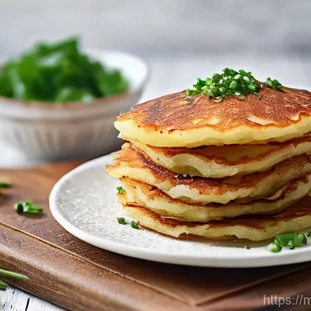라트비아 감자 팬케이크 레서피 - **Prompt:** A close-up, mouth-watering shot of a stack of freshly fried "Kartupeļu Pankūkas" (Latvia...