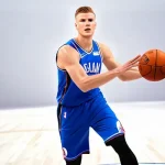 라트비아 출신 세계적인 운동선수 - A dynamic, full-body shot of Kristaps Porziņģis, a tall and athletic basketball player, elegantly ex...