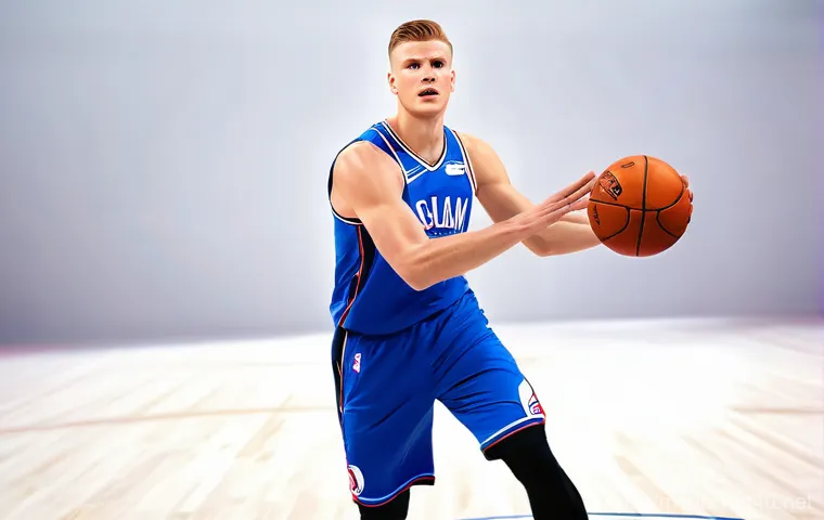 라트비아 출신 세계적인 운동선수 - A dynamic, full-body shot of Kristaps Porziņģis, a tall and athletic basketball player, elegantly ex...