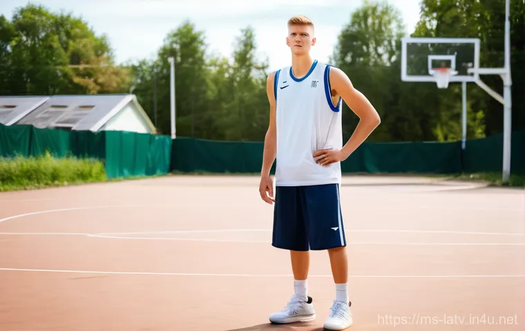 라트비아 출신 세계적인 운동선수 - Kristaps Porziņģis, beaming with joy and triumph, holds the gleaming NBA Championship trophy high ab...