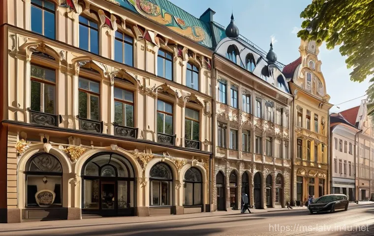 라트비아에서 발생한 주요 사건사고 - **Prompt:** A vibrant street scene in Riga, Latvia, showcasing a majestic Art Nouveau building. The ...