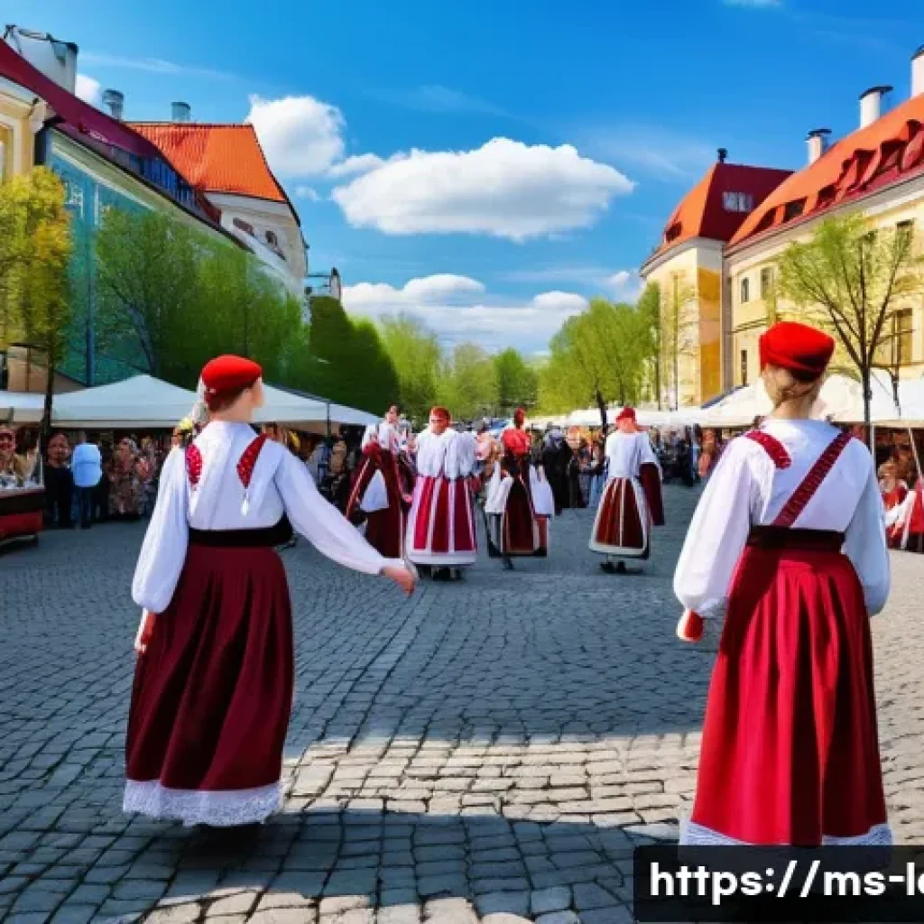 라트비아 국제 관계 - A vibrant scene depicting a Latvian cultural festival in a European city square during springtime, f...