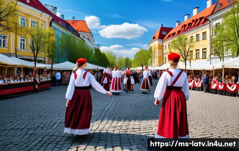 라트비아 국제 관계 - A vibrant scene depicting a Latvian cultural festival in a European city square during springtime, f...
