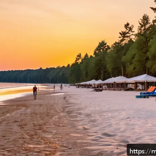 라트비아 해변 휴양지 - A serene panoramic view of Jurmala beach in Latvia during sunset, featuring fine white sand stretchi...