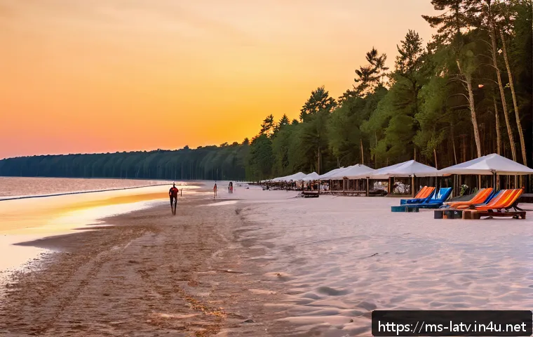 라트비아 해변 휴양지 - A serene panoramic view of Jurmala beach in Latvia during sunset, featuring fine white sand stretchi...